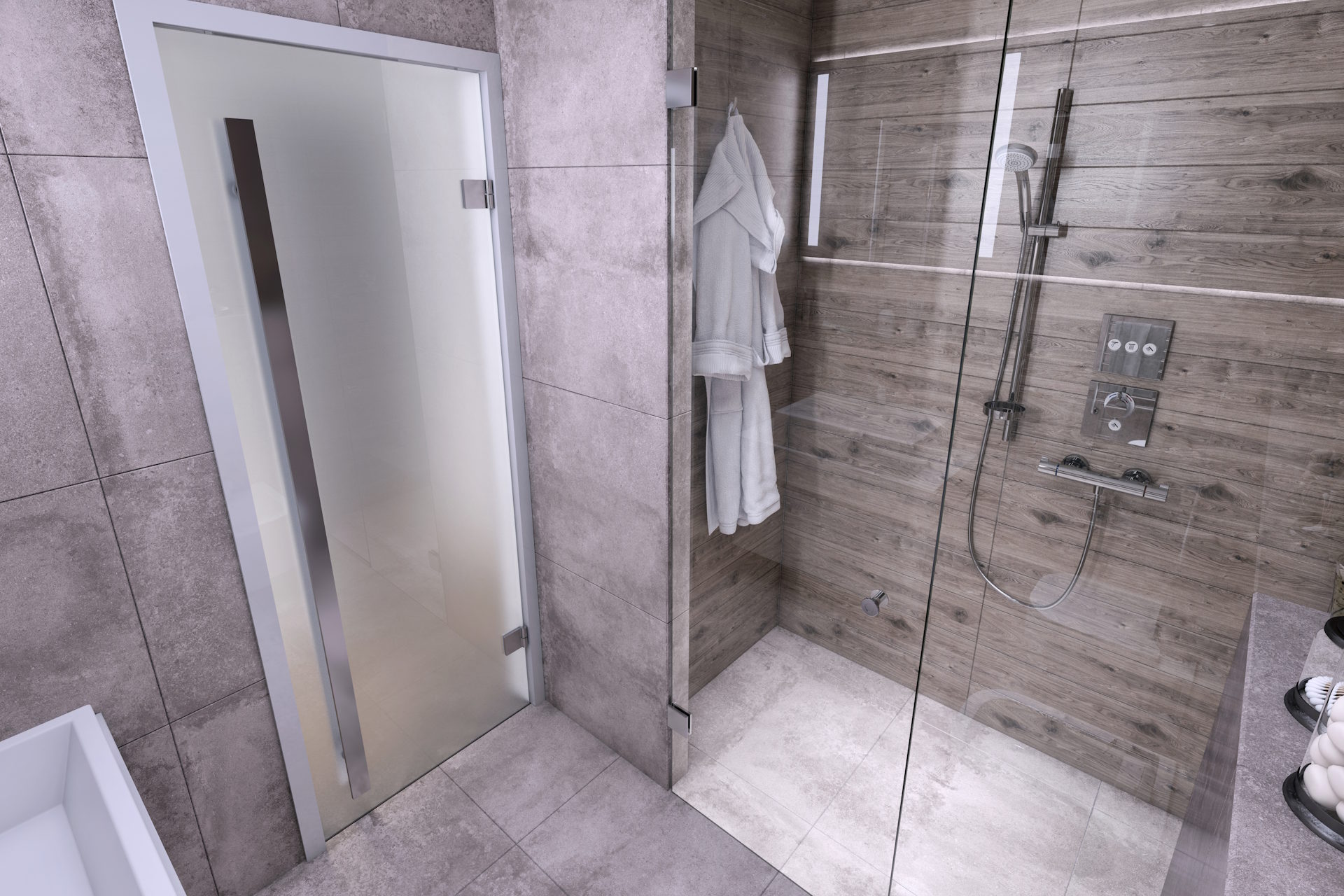 Glastüren Mit den Glastüren von HolzPartner in Rathenow bringen Sie modernes Design und Transparenz in Ihr Zuhause in Berlin und Brandenburg. Ob für Bad, Wohnraum oder Büro – die Türen schaffen lichtdurchflutete Räume und sorgen für ein stilvolles Ambiente. Bildbeschreibung: Glasdrehtür mit satiniertem Einsatz in einem modernen Badezimmer mit grauen Fliesen und bodengleicher Dusche.