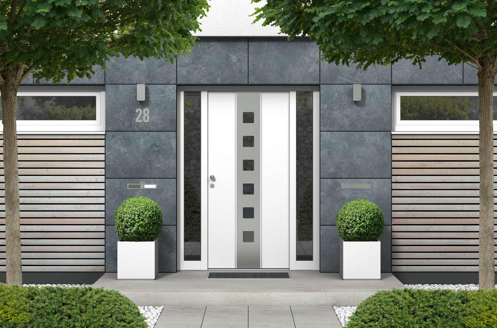 Haustüren Die Haustüren von HolzPartner in Rathenow bieten für Berlin und Brandenburg eine Kombination aus modernem Design, hoher Sicherheit und optimaler Wärmedämmung. Ob klassisch, zeitlos oder hochmodern – die passenden Modelle unterstreichen den individuellen Charakter Ihres Hauses. Bildbeschreibung: Moderne weiße Haustür mit seitlichen Glaselementen, geometrischem Muster aus Glasquadraten und stilvoller Fassadengestaltung mit Naturstein- und Holzelementen.